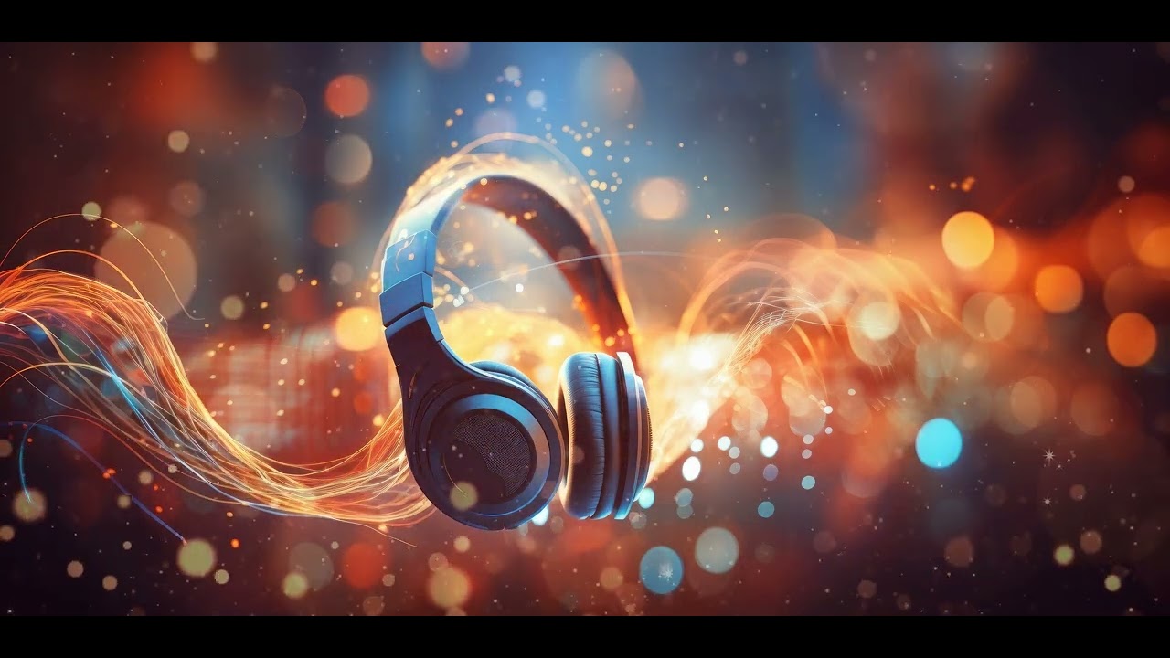 Headphones surrounded by colorful music lights